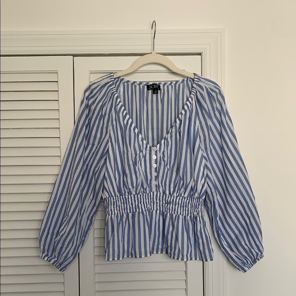 J. Crew 100% cotton v-neck smocked-waist top in stripe lawn top